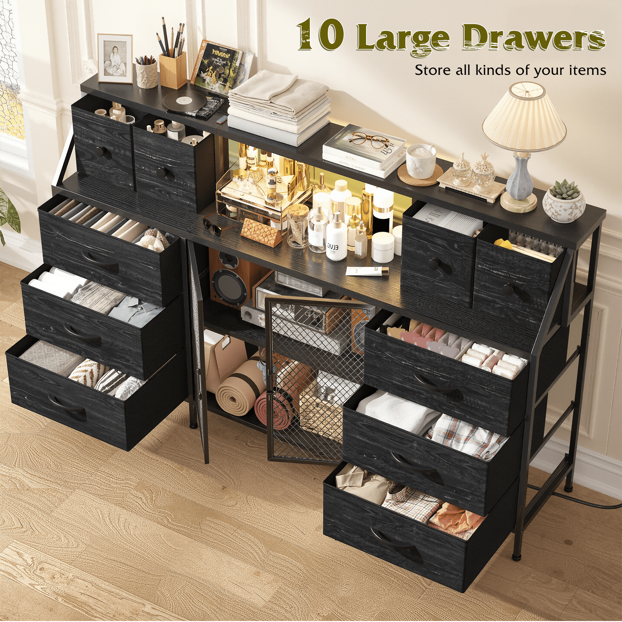 Romorgniz Dresser for Bedroom with 10 Fabric Drawers & Mesh Door 55" Long Dressers & Chest of Drawers with LED Lights & Charging Station for Living Room, Black