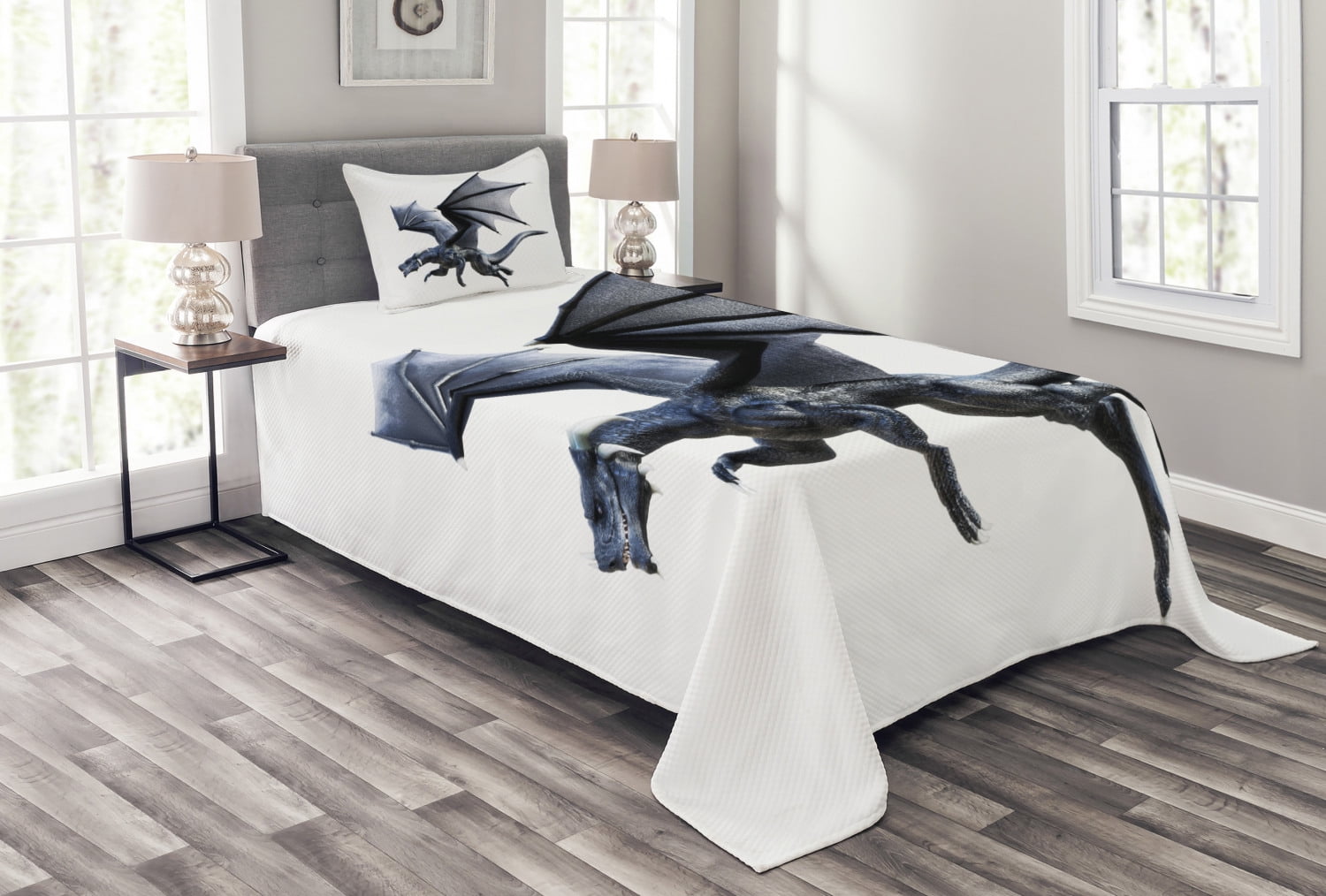 Dragon Bedspread Set Twin Size, Fantastic Creature Flying Digital