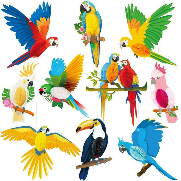 GuassLee Jungle Tropical Party Decorations Birds Honeycombs - Tropical Parrots Paper Cutouts Honeycombs Hanging Decorations for Hawaiian Luau Tiki Party Decor Supplies 10pcs