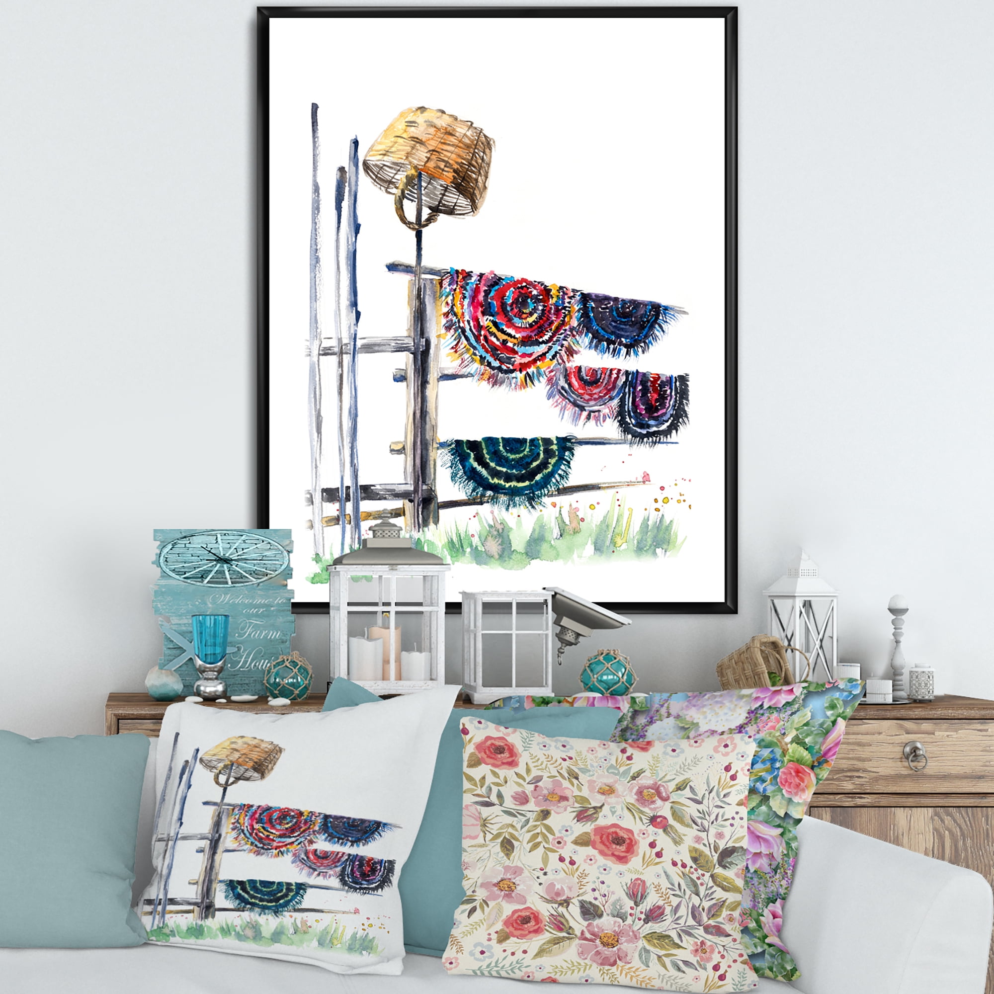 Designart 'Colorful Russian Rugs On Drying Line' Global Framed Canvas Wall Art Print
