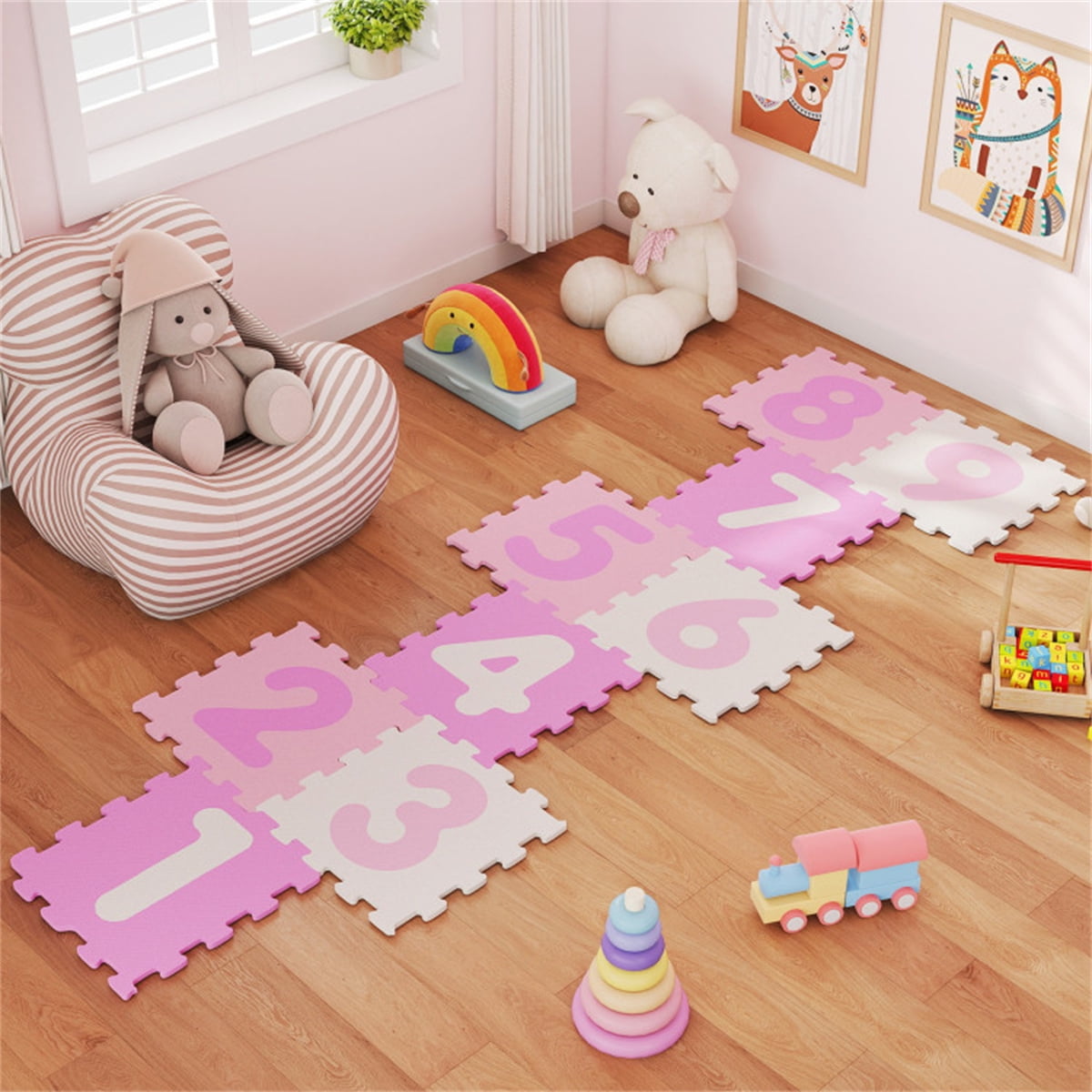 Colorful Kids Hopscotch Foam Mat 9 Interlocking Tiles 3 Marker Discs Non Slip Play Mat For Toddlers 10 Months Plus