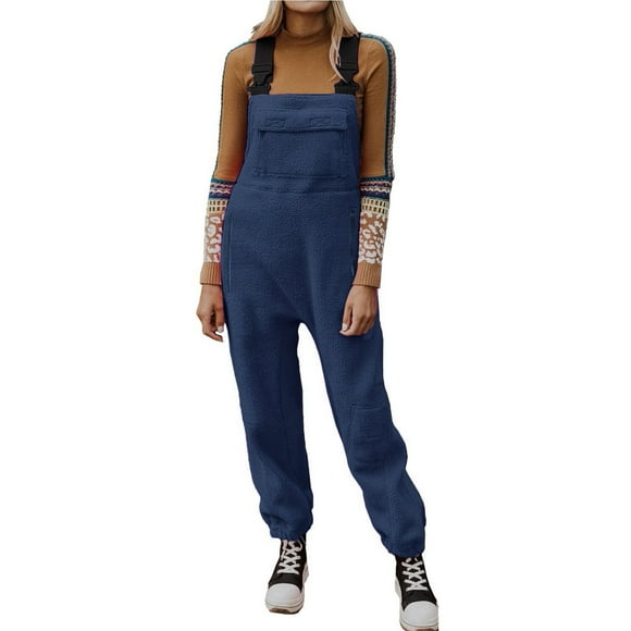 FADAACAI Womens Fleece Overalls Women's Solid Color Fashionable Autumn Winter Plush and Thick Pocket Jumpsuit Sherpa Overalls Cozy Overalls for Women Blue L Clearance