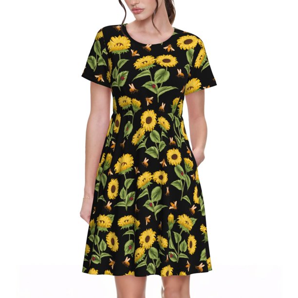Disketp Bees and Sunflowers para Vestido de Manga Corta para Mujeres, Vestidos de Verano para Mujeres, Casual y Holgado para la Playa