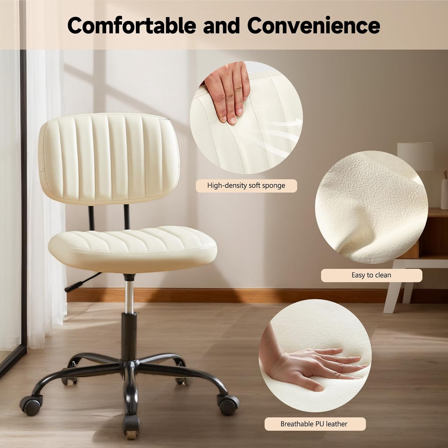 ENYLAY Small Armless Home Office Desk Chair, Ergonomic Cute Chair PU Leather with Adjustable Swivel Rolling Comfy Task Study Chair with Lumbar Support for Adult and Student, Bedroom (Beige White)