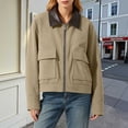 thumbnail image 6 of Smsaxvxz Womens Cropped Jacket Casual Corduroy Collar Barn Coat Lightweight Utility Zip Up Baseball Jacket with Pockets Khaki XS, 6 of 10