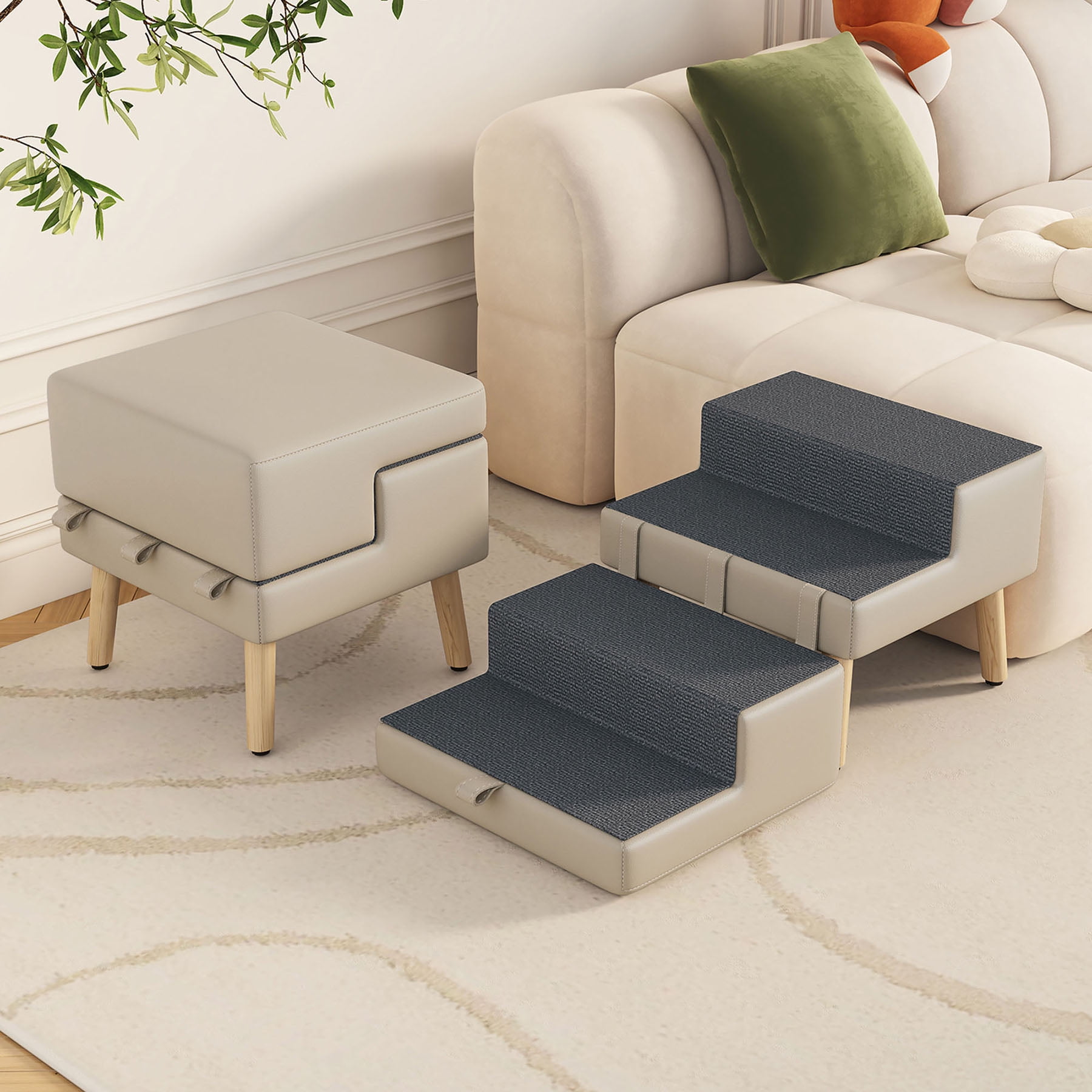 HAIXIAO 2-in-1 Pet Ramp And Dog Stairs Supports Up To 220lbs For Small Dogs And Cats Sturdy Wood Frame Light Grey Color