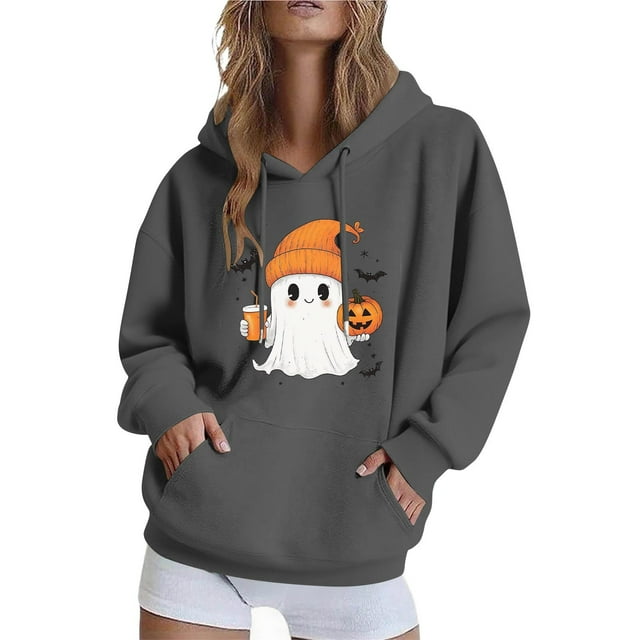 Women's Halloween Sweatshirt 2025 - Ghost Print | Oversized Crewneck Spooky Pullover