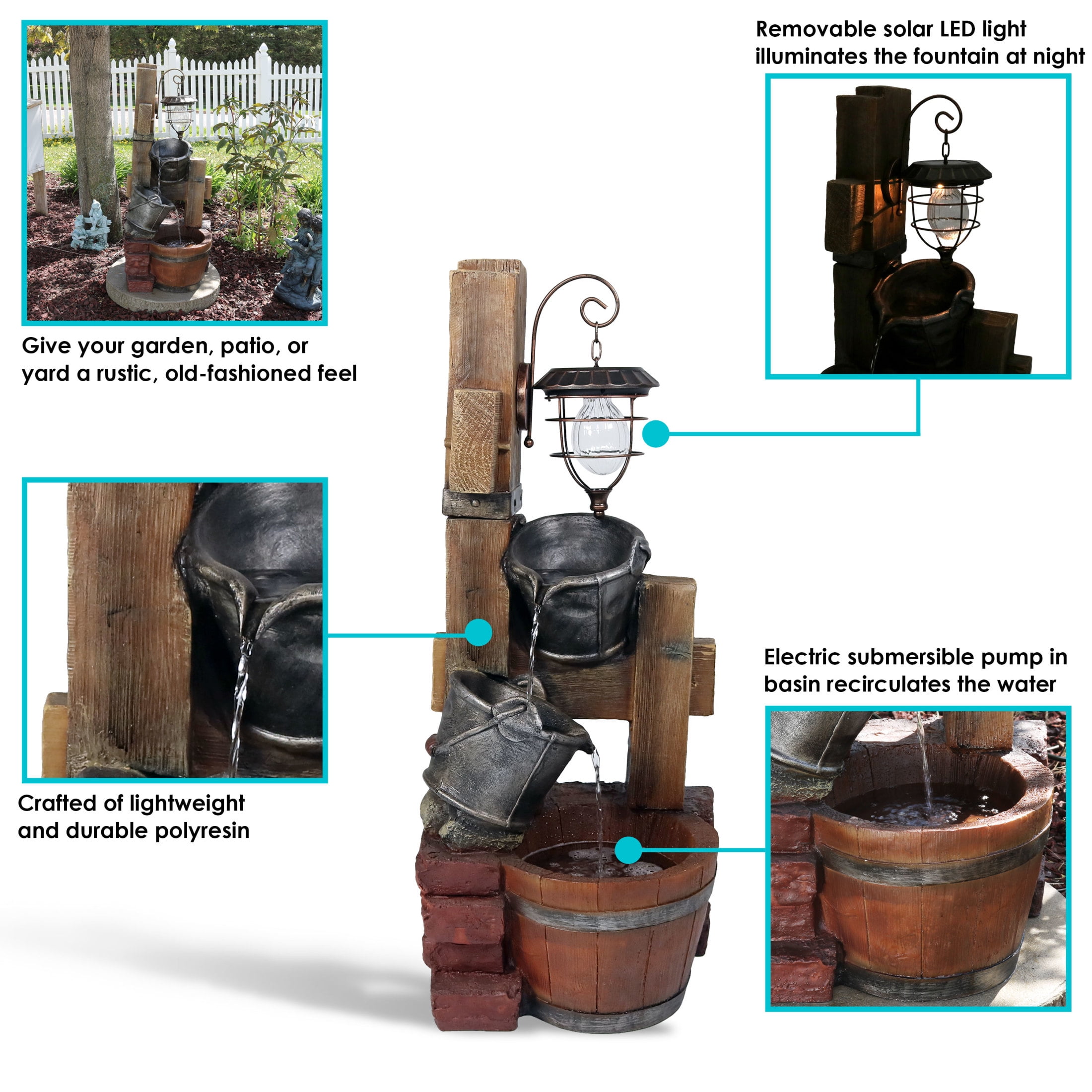 Sunnydaze Rustic Pouring Buckets Outdoor Water Fountain with Solar Lantern - Waterfall Fountain & Backyard Water Feature for Patio, Yard, & Lawn - 34 Inch Tall