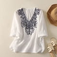 thumbnail image 6 of Women Cotton Linen Tops Vintage Floral Embroidered Shirts Summer Half Sleeve Scalloped V-Neck Boho Peasant Blouses, 6 of 6