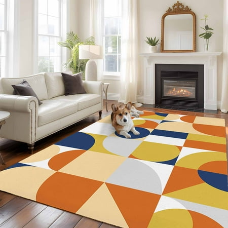 5x8 Washable Area Rug Nordic Vintage Non-Slip Large Rectangle Rug for Living Room Dining Room Yellow Blue Geometric Abstract Art Indoor Floor Mat for Home Decor