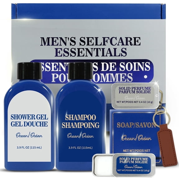 Spa Gift Sets for Men, 6Pcs Ocean Men’s Baskets Kit with Shampoo, 2 Solid Perfumes, Soap, Premium Birthday Bath Set for Him