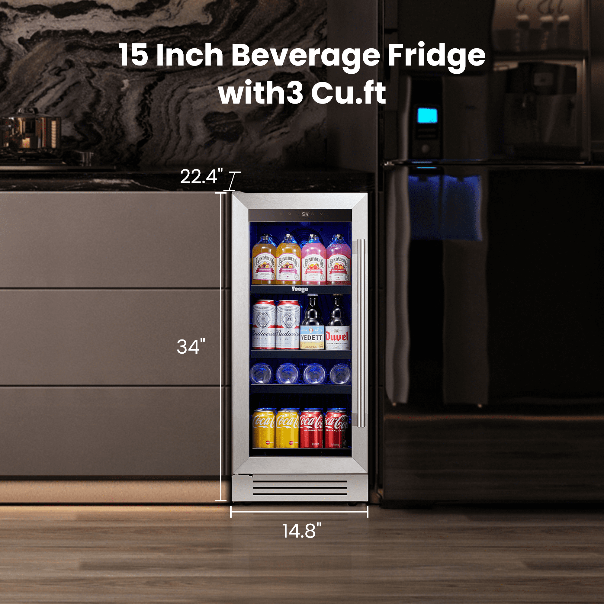 Yeego 15 inch Beverage Refrigerator,  Built-in or Freestanding, 100 Cans Cooler with Glass Door