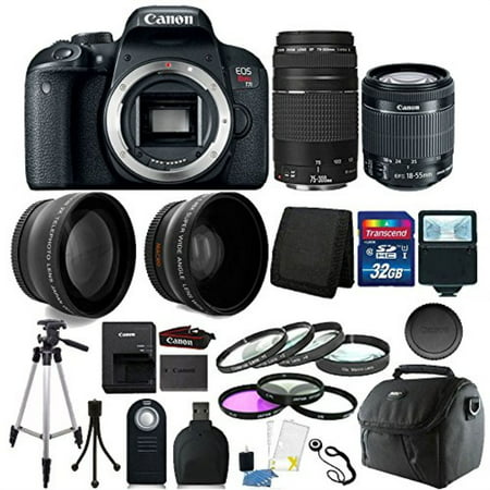 Canon EOS Rebel T7i 24.2MP Digital SLR Wifi Enabled Camera Black with EF-S 18-55 IS STM and EF 75-300mm Lenses + 32GB Top Accessory (Best Camera For Astrophotography)