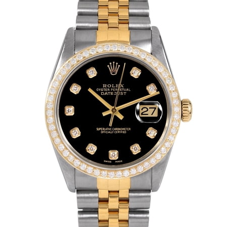 Pre-Owned Rolex 16013 Men's 36mm Datejust Watch Custom Black Diamond Dial & Bezel (3 Year Warranty) (Good)