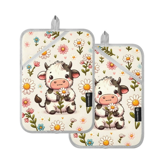 Pot Holders Set of 2 Heat Resistant 338℉ Kitchen Oven Gloves Potholder Cooking Baking Microwave Mitts Cow and Daisy Floral