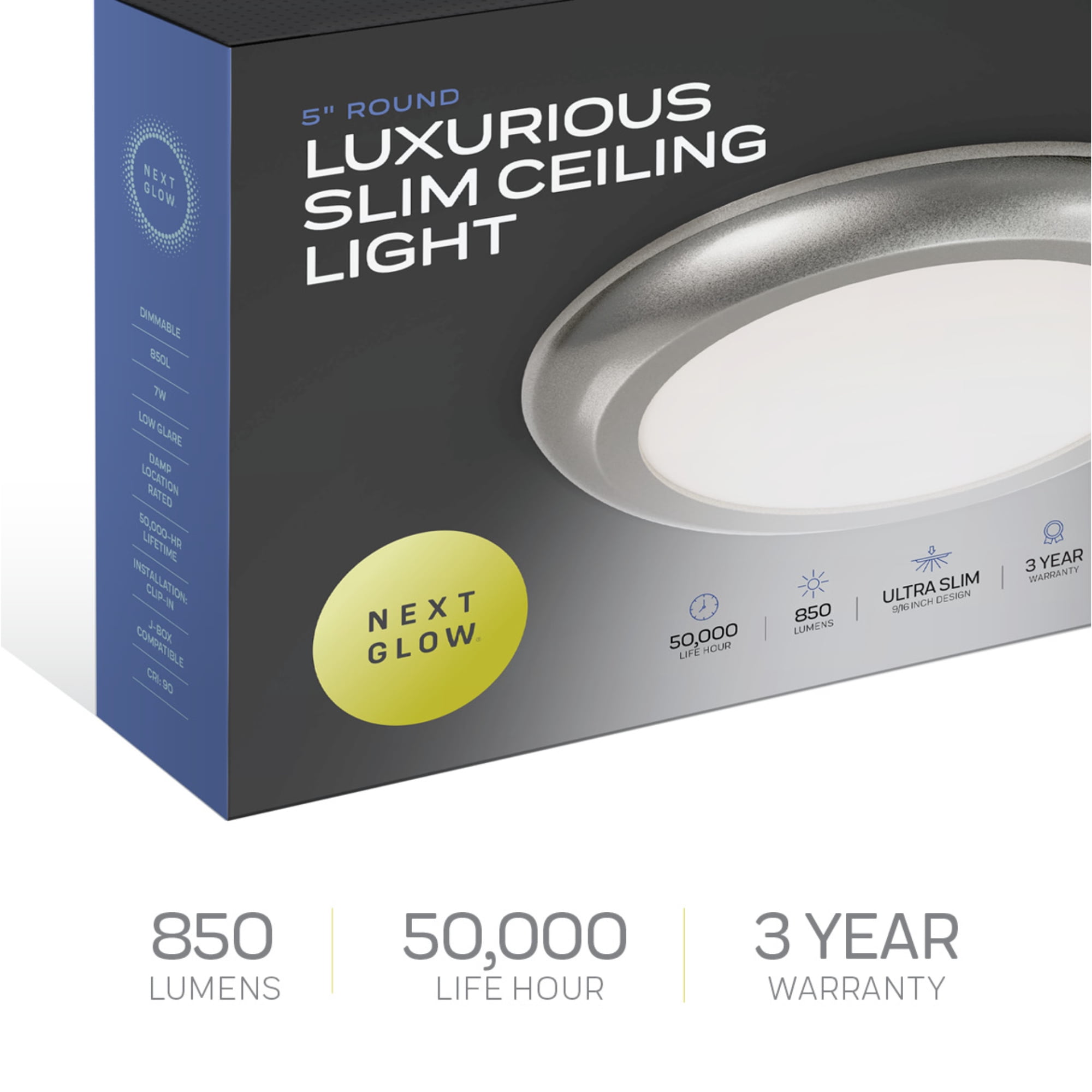 Next Glow Ultra Slim 5" LED Ceiling Light Fixture, 3000K Round, Dimmable Flush Mount Light, White