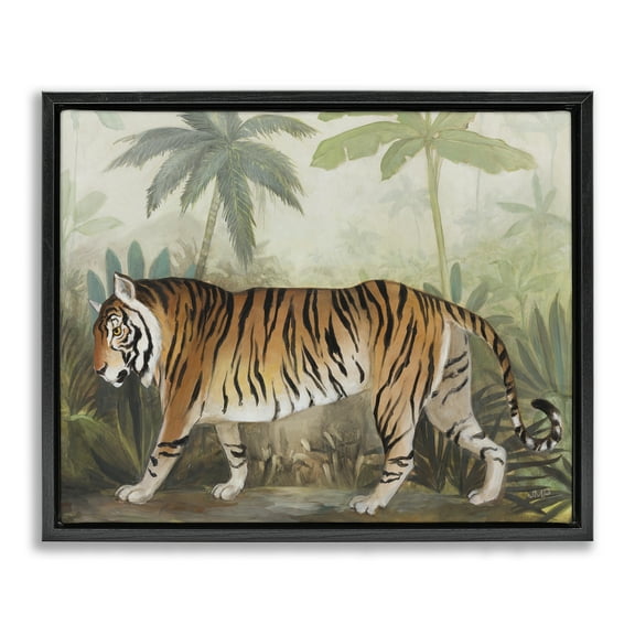 Stupell Industries Prowling Tiger in Forest Landscape Painting Black Floater Framed Canvas Art Print Wall Art, 21 x 17