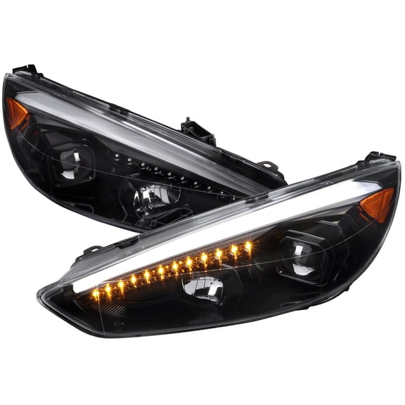 LED Sequential Signal Projector Headlights (Glossy Black Housing/Clear Lens) Made for and Compatible with 2015-2018 Ford Focus