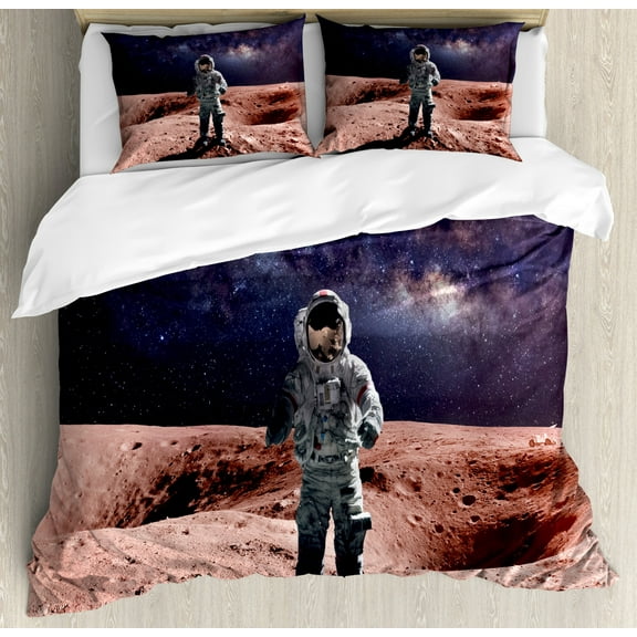 Outer Space Duvet Cover Set Queen Size, Astronaut on the Space Mercury before Milky Way Cosmos Meteor Fantasy Art, Decorative 3 Piece Bedding Set with 2 Pillow Shams, Purple Brown, by Ambesonne