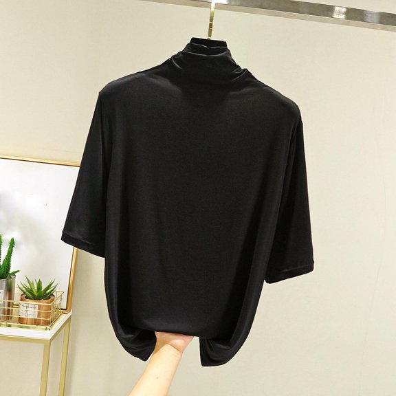 Qulqfy Holiday Tops for Women Dressy Half Sleeve Spring Tunic Black Turtleneck Shirts Solid Summer Tops Date Night Outfit for Women XL