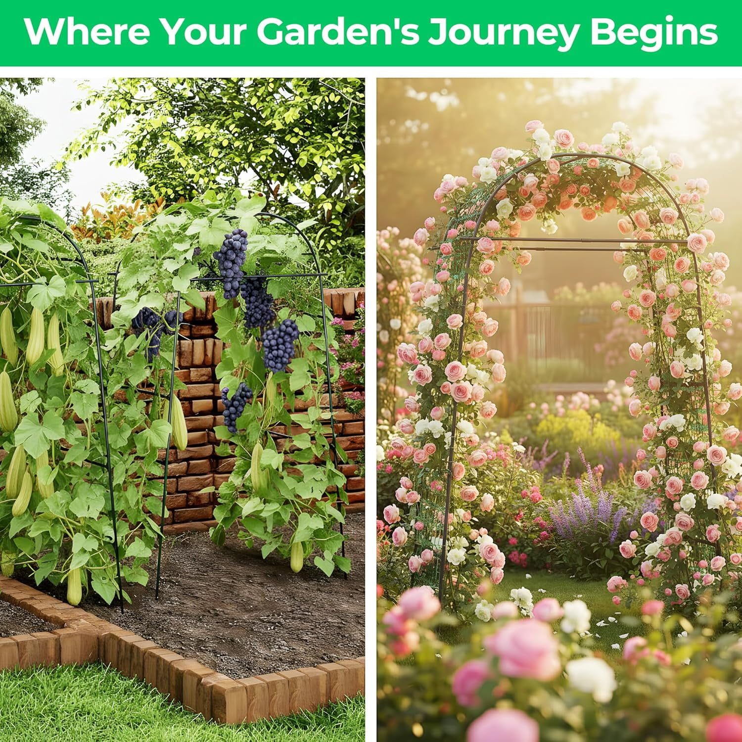 Garden Arch Trellis for Climbing Plants, 82 Inch Tall Metal Vine Support with Clamp Netting for Outdoor Flower Vegetable Tomato Cucumber Garden Decoration