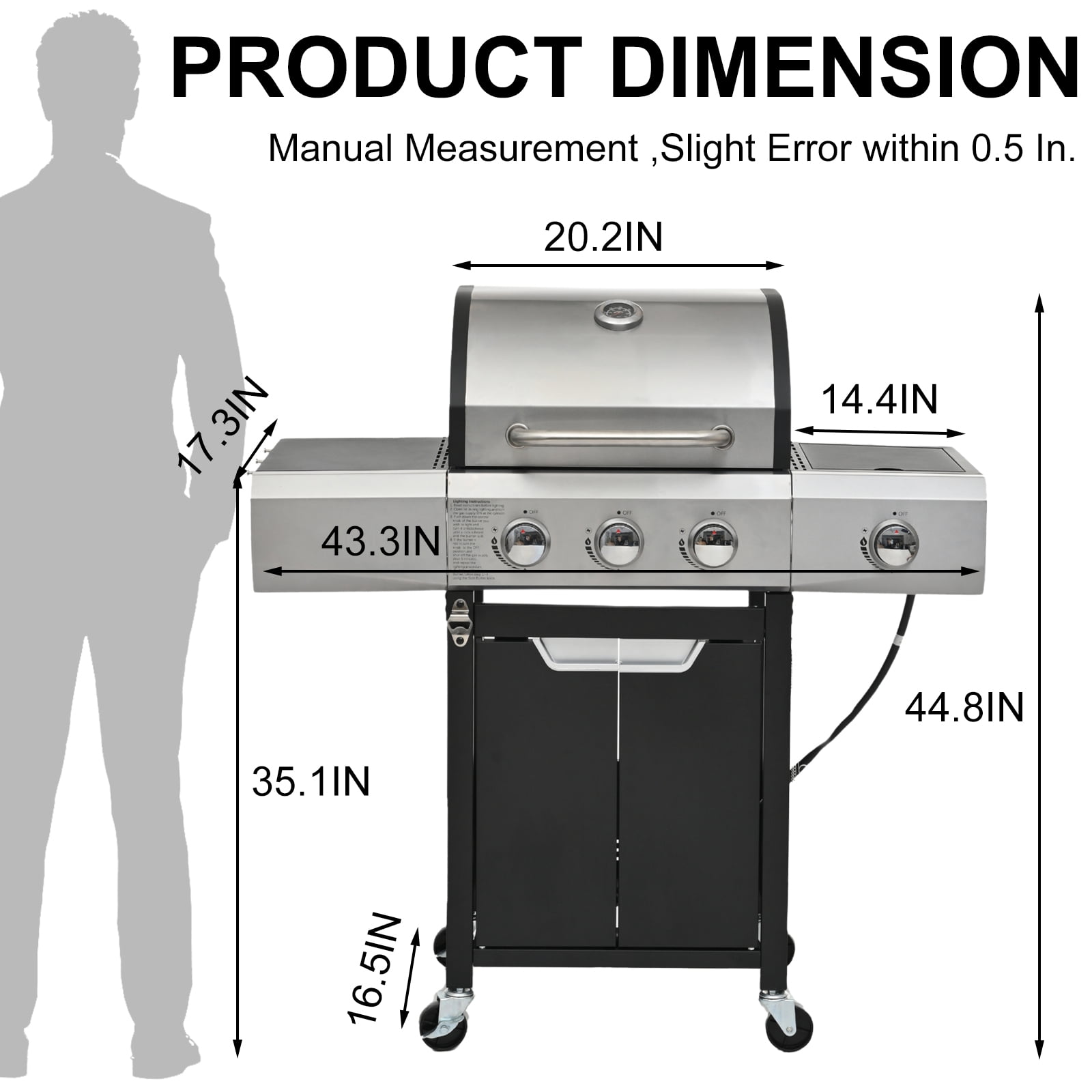 3 Burner Propane gas grill with side burner, Stainless Steel 40,500BTU Barbecue BBQ grills outdoor cooking for Backyard , Cast Iron Grates