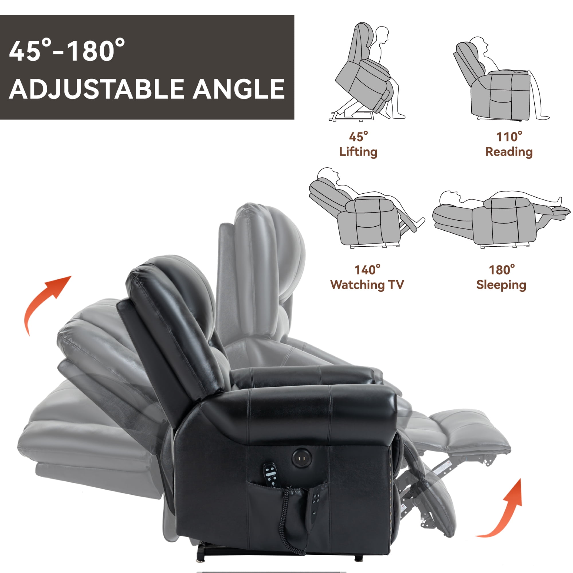 Leumius Large Power Lift Recliner Chair for Elderly,Single Sofa Chair with Massage and Heat,Electric Lift Recliner Single Sofa with Side Pocket for Living Room,Black