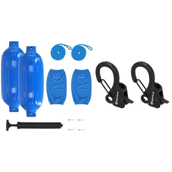 Rockville FEN210-BLUE Bundle: 2 10 in x 30 in Boat Fenders, 2 Covers, 2 Fender Lines, Hand Pump, 2 RQA-2 Quick Release Fender Clips, 11-Items