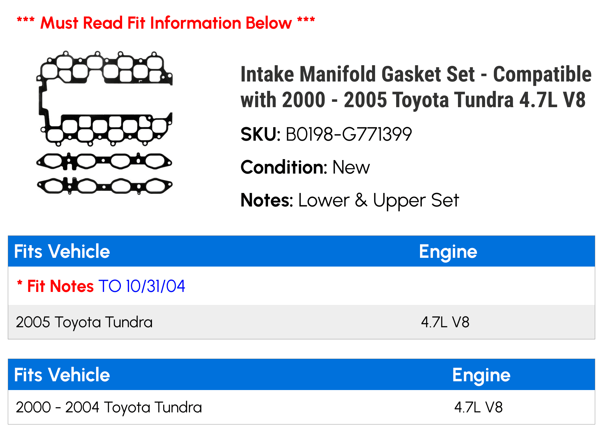 Intake Manifold Gasket Set - Compatible with 2000 - 2005 Toyota Tundra 4.7L V8 2001 2002 2003 2004