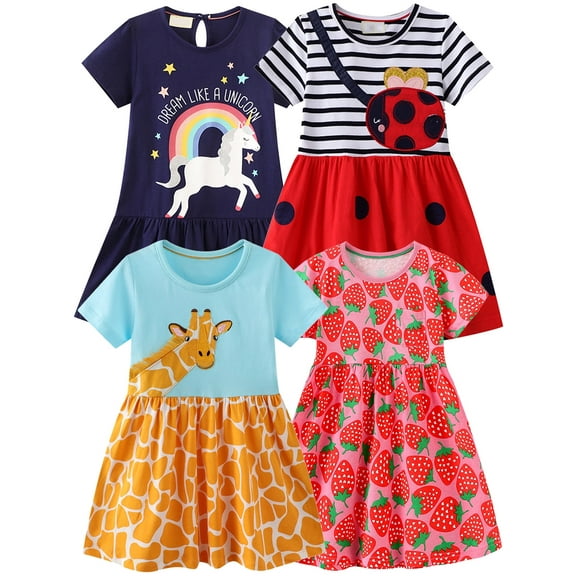 Summer Toddler Kids Girl's Casual Short Sleeve Cartoon Dresses Dinosaur 2T