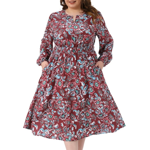 DARING DIVA Plus Size Boho Floral Notch V Neck A Line Dress 1X Burgundy