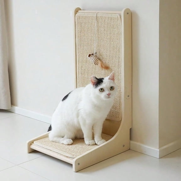Vertical Sisal Cat Scratcher 27.5'' L Shape Scratching Post Upright Scratching Pad For Indoor Cats Solid Wooden Furniture Protector With Catnip