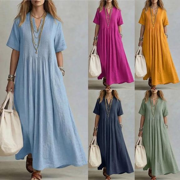 Noric Women V Neck Short Sleeve Maxi Dresses Loose Pleated Front Flowy Casual Summer Beach Vacation Daily Boho Dresses