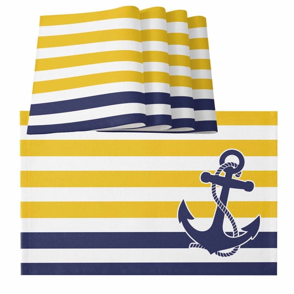 Yellow Striped Placemats for Dinning Table Set of 6, Navy Blue Nautical Anchor Geometric Burlap Kitchen Place Mats Waterproof Cloth Table Mats, Indoor Outdoor Placemats Easy Clean Dinner Decor