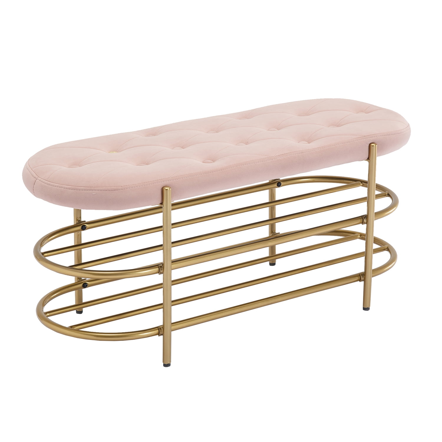 Kepooman Pink Beach, Upholstered End of Bed Bench with 2 Shelf, Velvet Storage Beach for Living Room Kepooman Pink Beach, Upholstered End of Bed Bench with 2 Shelf, Velvet Storage Beach for Living Room