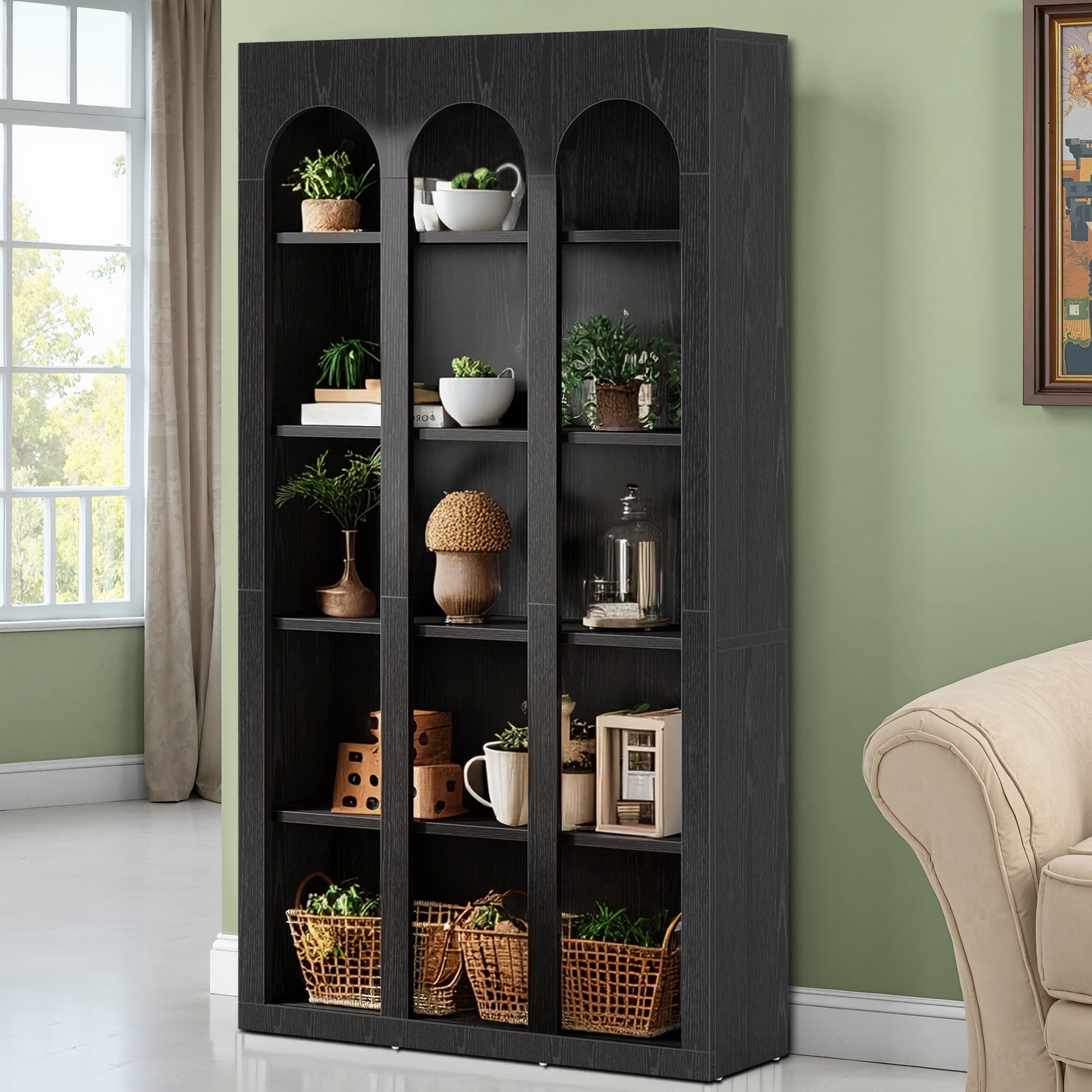 MAYEERTY Vintage Farmhouse Arched 5-Tier Tall Bookcase, 70.8 Inch Wide Curved Top Open Display Storage Shelf