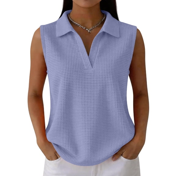 Womens Tank Top Waffle Knit Sleeveless Lapel Shirts 2026 Summer Loose V Neck Dressy Casual Tops Clothes, L