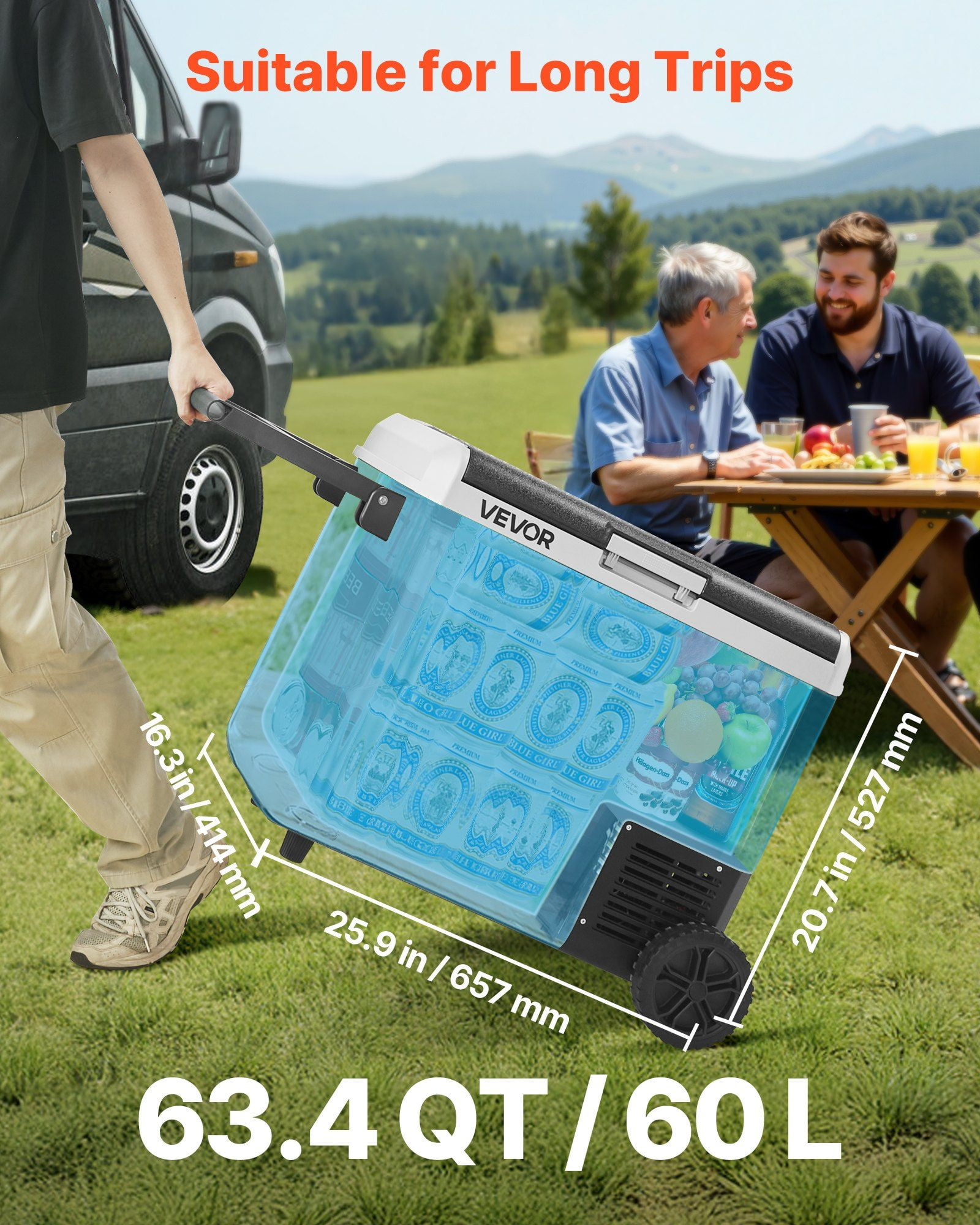 12V Car Refrigerator 63.4QT/60L Portable Electric Cooler with Wheels