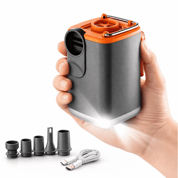 Kywib Portable Air Pump for Inflatables, USB-C Rechargeable Mini Electric Air Mattress Pump with Camping Light, 5 Nozzles to Inflate & Deflate Pool Floats, Sleeping Pads and Vacuum Bags