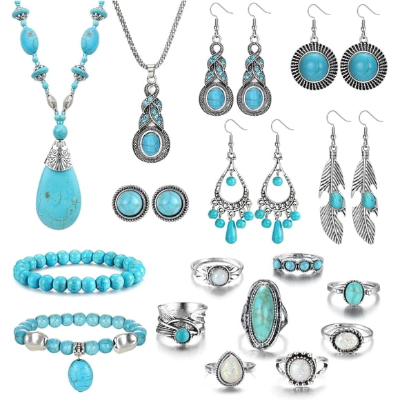SURJDE Bijoux Turquoise pour Femmes Ensemble de Bijoux Bohème Western Collier Pendentif Turquoise Bracelet Perles Turquoise Boucles d'Oreilles Pendantes Vintage Western Bagues d'Articulation Turquoise Bagues de Phalange Boho Cowgirl Ou