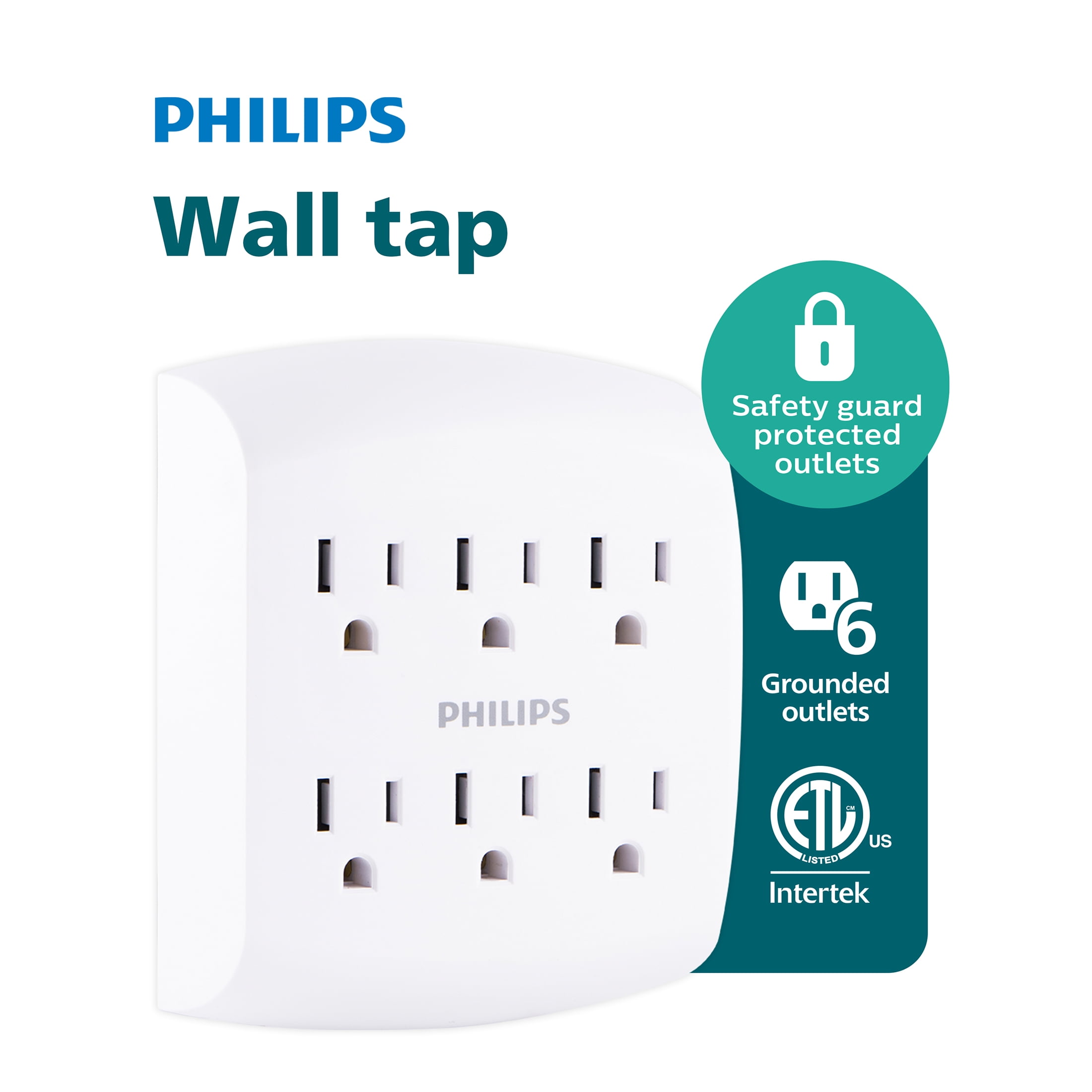 (3 pack) Philips 6 Outlet Wall Tap, 125VAC/15A/1875W, Tamper-resistant Protected Outlets, SPS1461WA/37