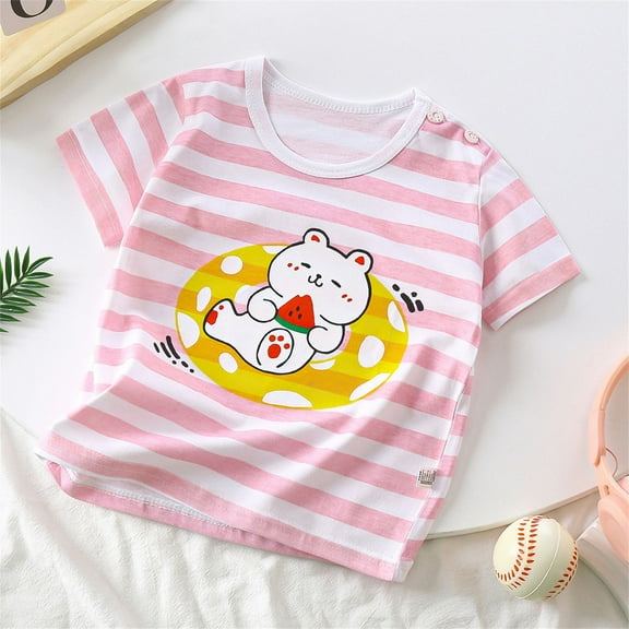 Herrnalise Toddler Baby Boys Girl Summer Short Sleeve Cartoon print T Shirt Round Neck Shirt Comfy Cotton Top Solid Shirts 6M-6T