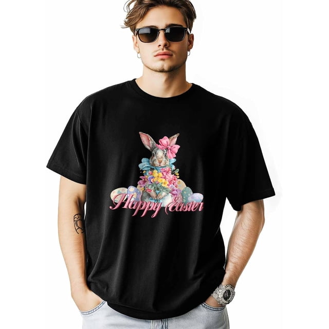 Camisetas para hombre, camiseta de algodón con cuello redondo, diseño de conejo de Pascua y huevo colorido, manga corta, flores de primavera.