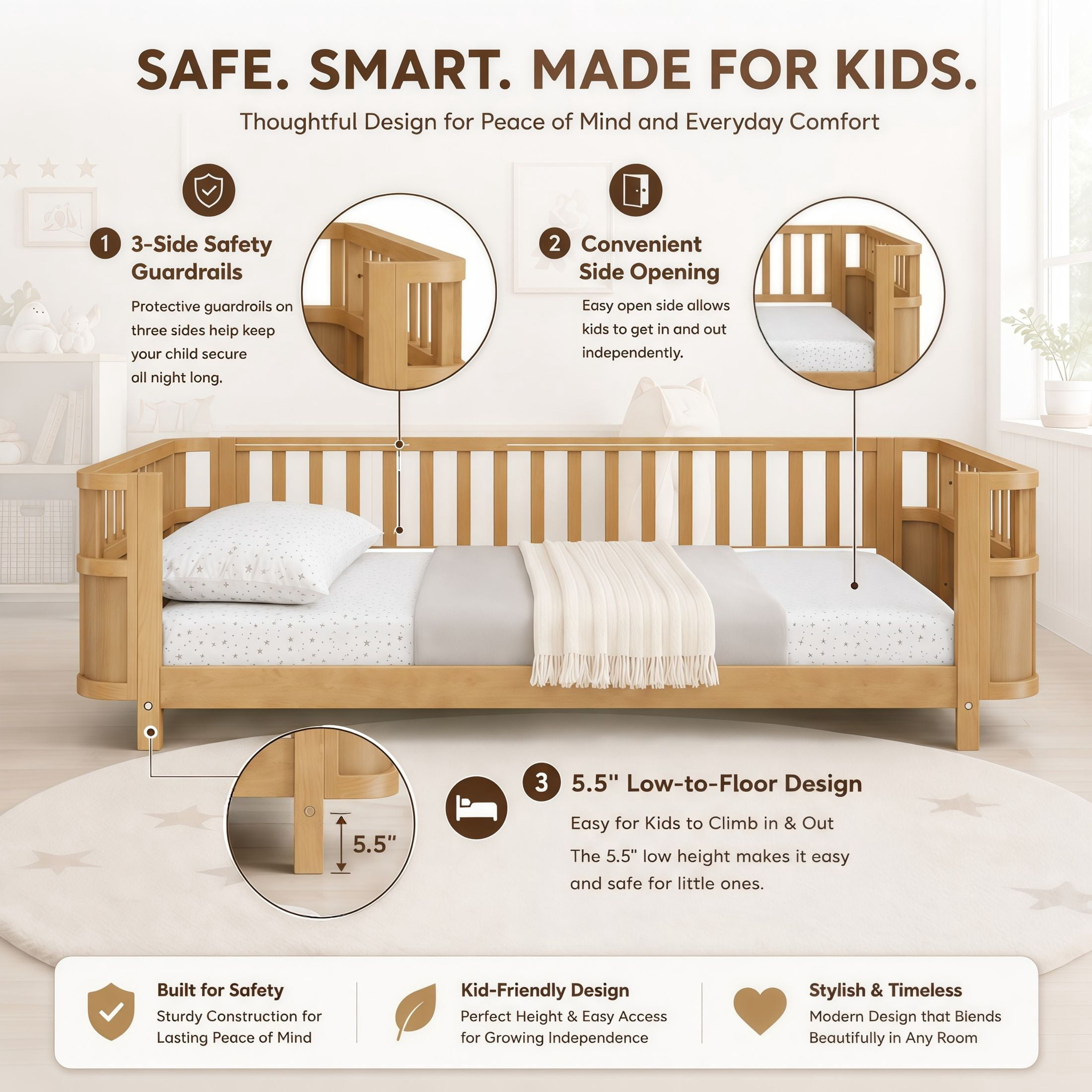 GDF Studio Darpel Full Size Wooden Montessori Bed Frame with Guard Rails, Pine Wood Low-Profile Floor Kids Bed, Natural