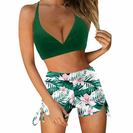 Push Up Swimsuit for Women Halter Two Piece Swimwear Set Retro Bikini Top Boxer Shorts Drawstring Beach Bathing Suit  Green  XL