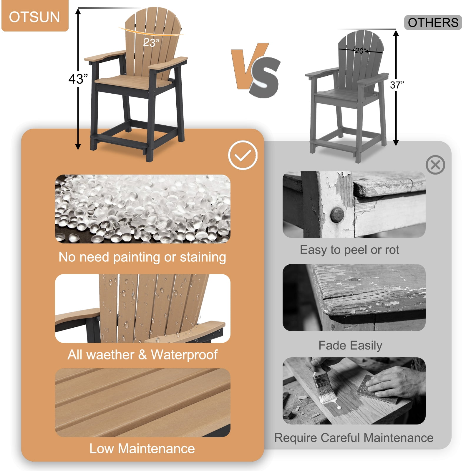OTSUN Tall Modern Adirondack Chair, All Weather HDPE Bar Height Adirondack Stools Widened Durable Design for Porch Patio Yard Lawn Fire Pit Bistro Basement Indoors & Outdoors