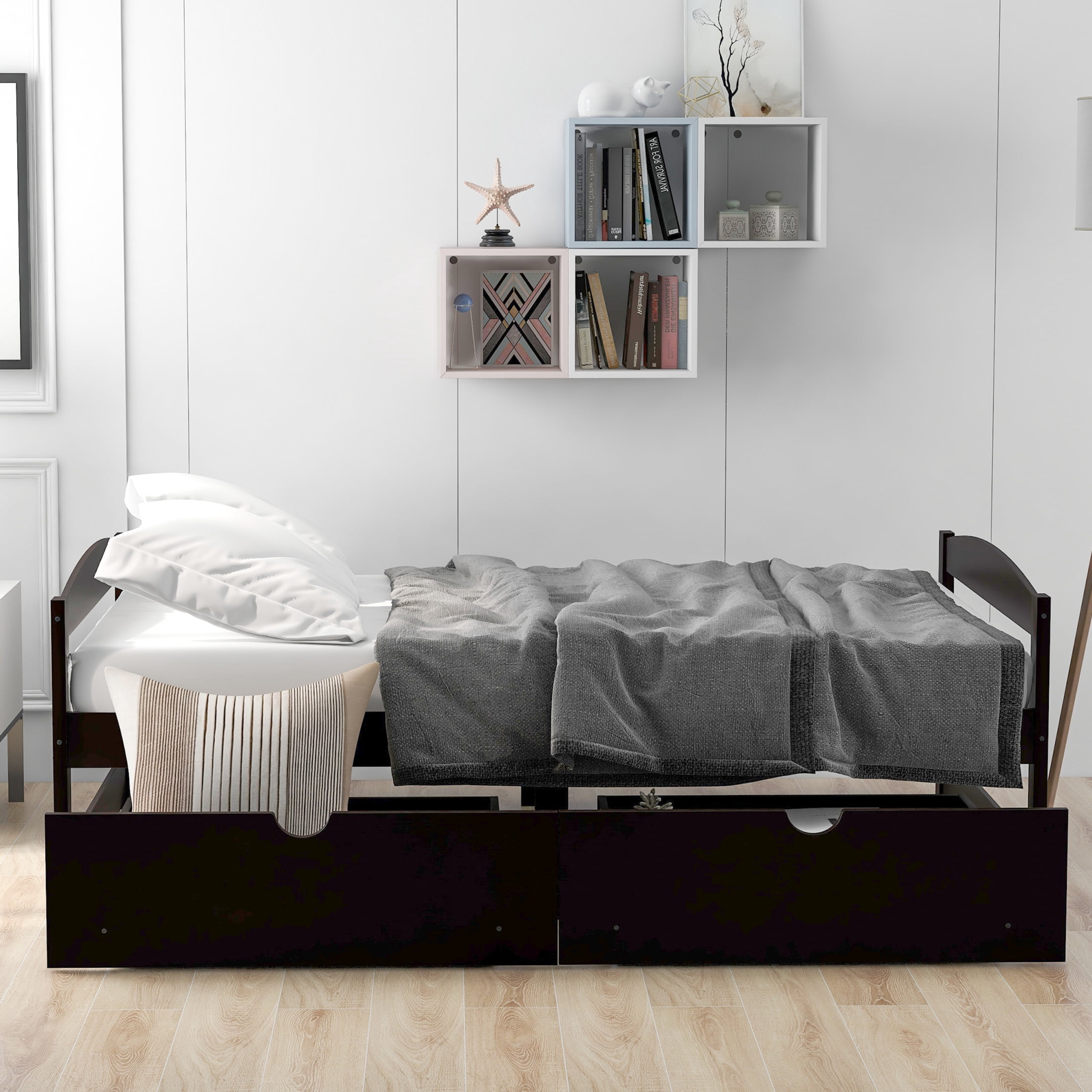 Noble House Arlyn Twin Size Pine Wood Platform Bed with Two Storage Drawers, Minimalist Bed Frame, Espresso