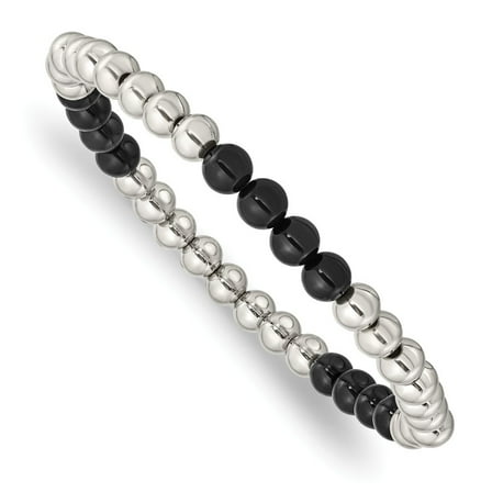 Primal Steel Stainless Steel Polished Black Onyx Beaded Stretch Bracelet