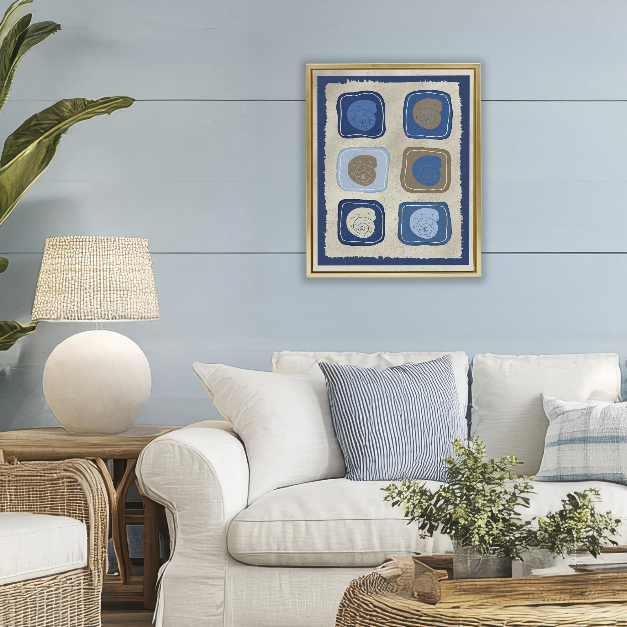 Stupell Industries Blue Blocked Nautilus Gold Framed Floater Canvas Wall Art, design by Julia Frost