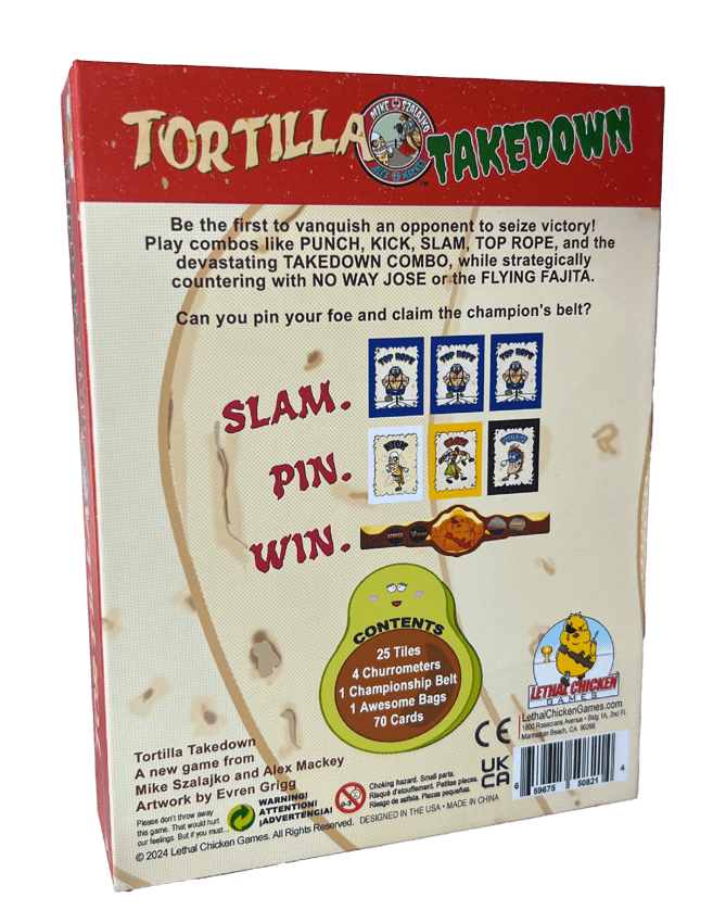 Tortilla Takedown by Lethal Chicken Games: A hilarious luchador food fight card game for ages 8+ with fast-paced, family-friendly fun.